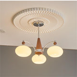 French Vintage Mid Century 5-Arm Opaline Glass Chandelier with Teak Cone Finial